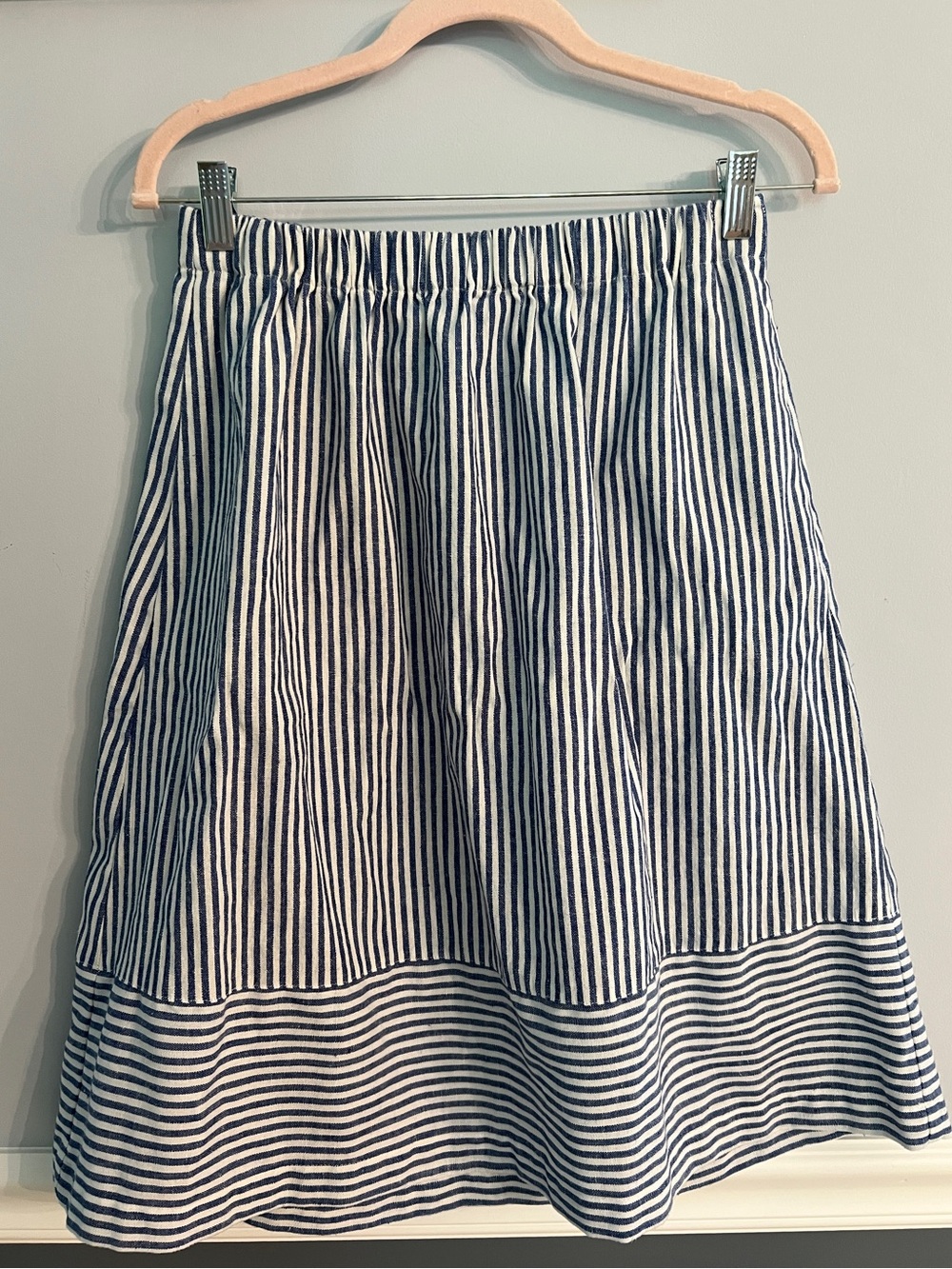 J.Crew Blue White Stripe Linen Cotton Blend Pull On Skirt Coastal Cottage Size S